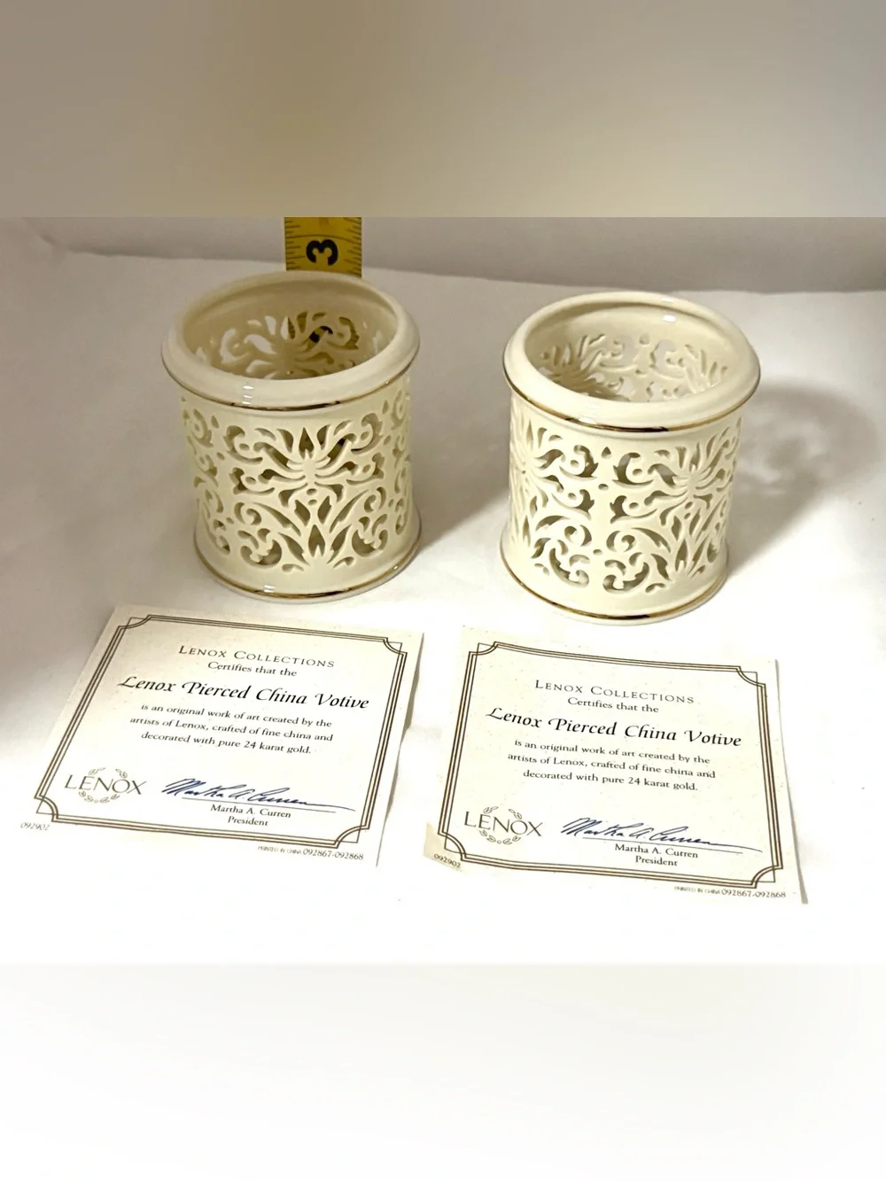 Lenox Cream and Gold Pierced China Votive Holders, Pair